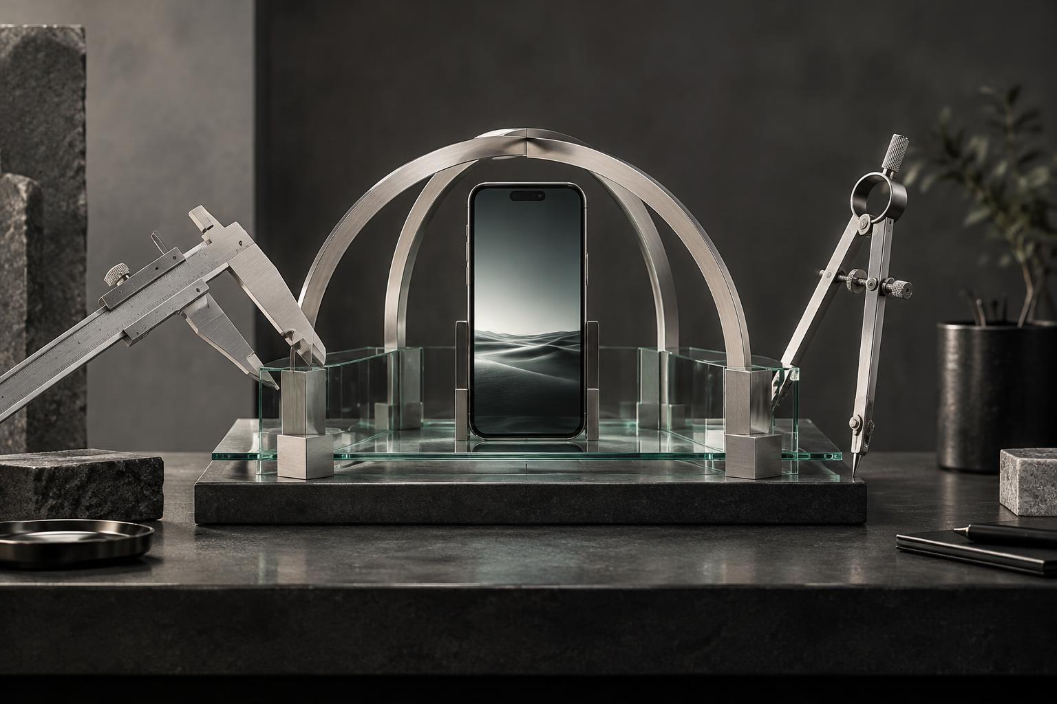 Precision drafting tools and two silver arches support a mobile platform, symbolizing expert-led partnership.