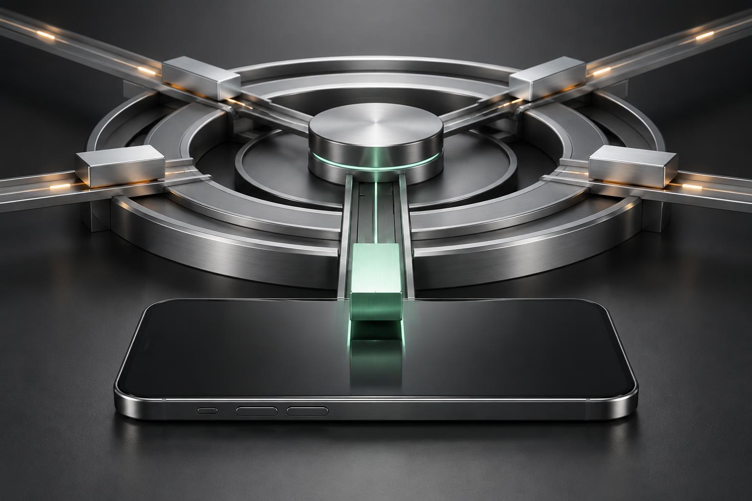 A precision circular auction mechanism routes a selected mint signal packet toward a smartphone.